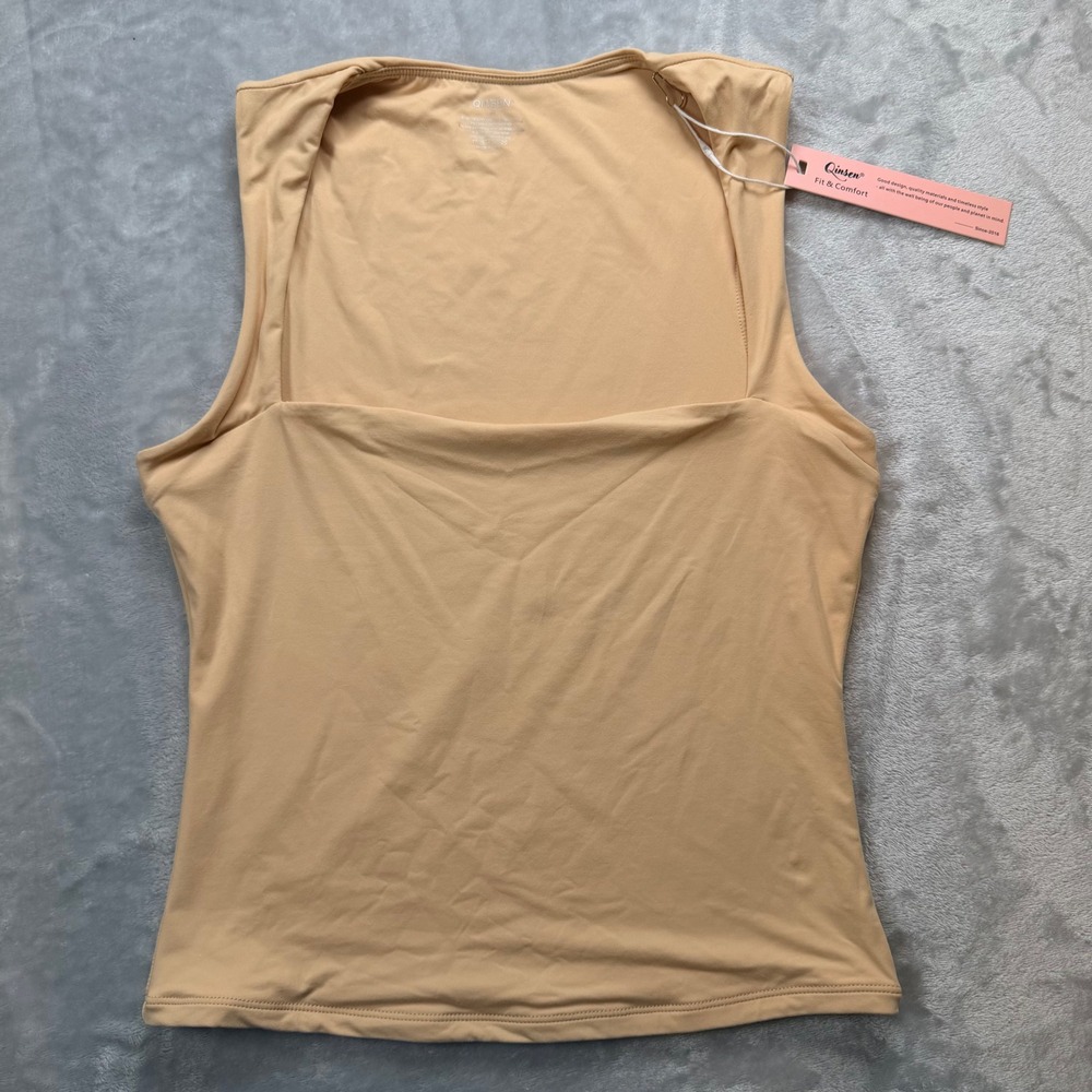 Qinsen Women Tan Square Neck Sleeveless Cropped Tank Top Medium NWT Minimalist